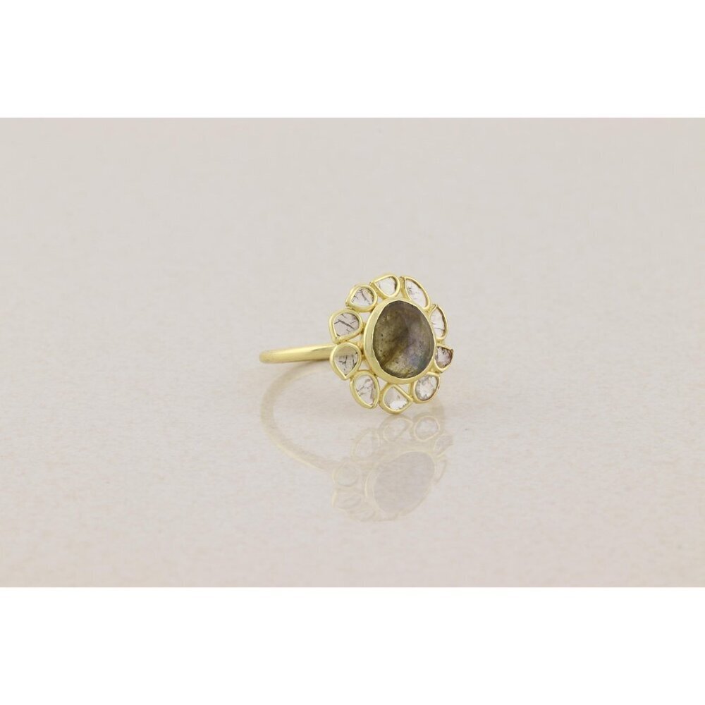 Gold Over Sterling Silver Natural Labradorite Polki Diamond Slice Ring Size 9.5 - Picture 3 of 7